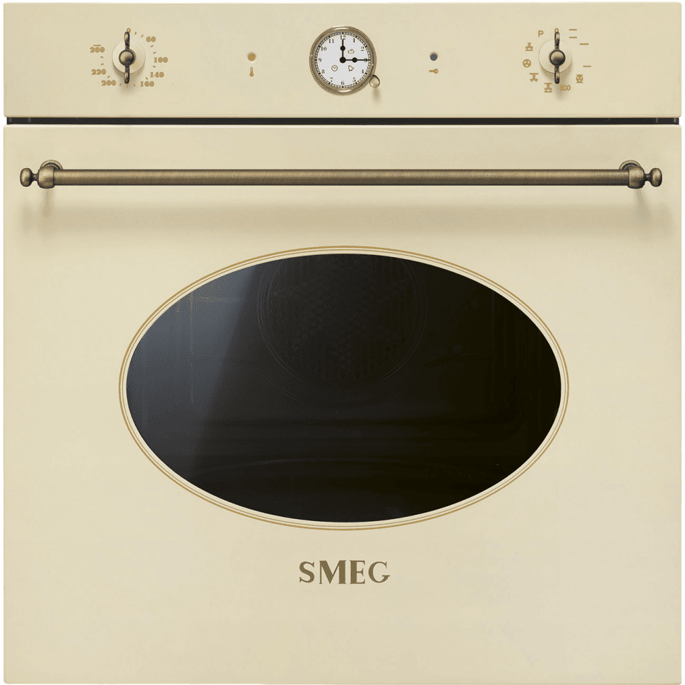 Встраиваемый духовой шкаф SMEG/ Встраиваемый духовой шкаф SMEG, 60 см, Coloniale, 50-260 градусов, часы/таймер, галогенная подсветка, 9 режимов, поворотные переключатели Coloniale, пиролиз, автоматическое отключение, петли Soft Close, полезный объем 65 л, цвет крем/латунь