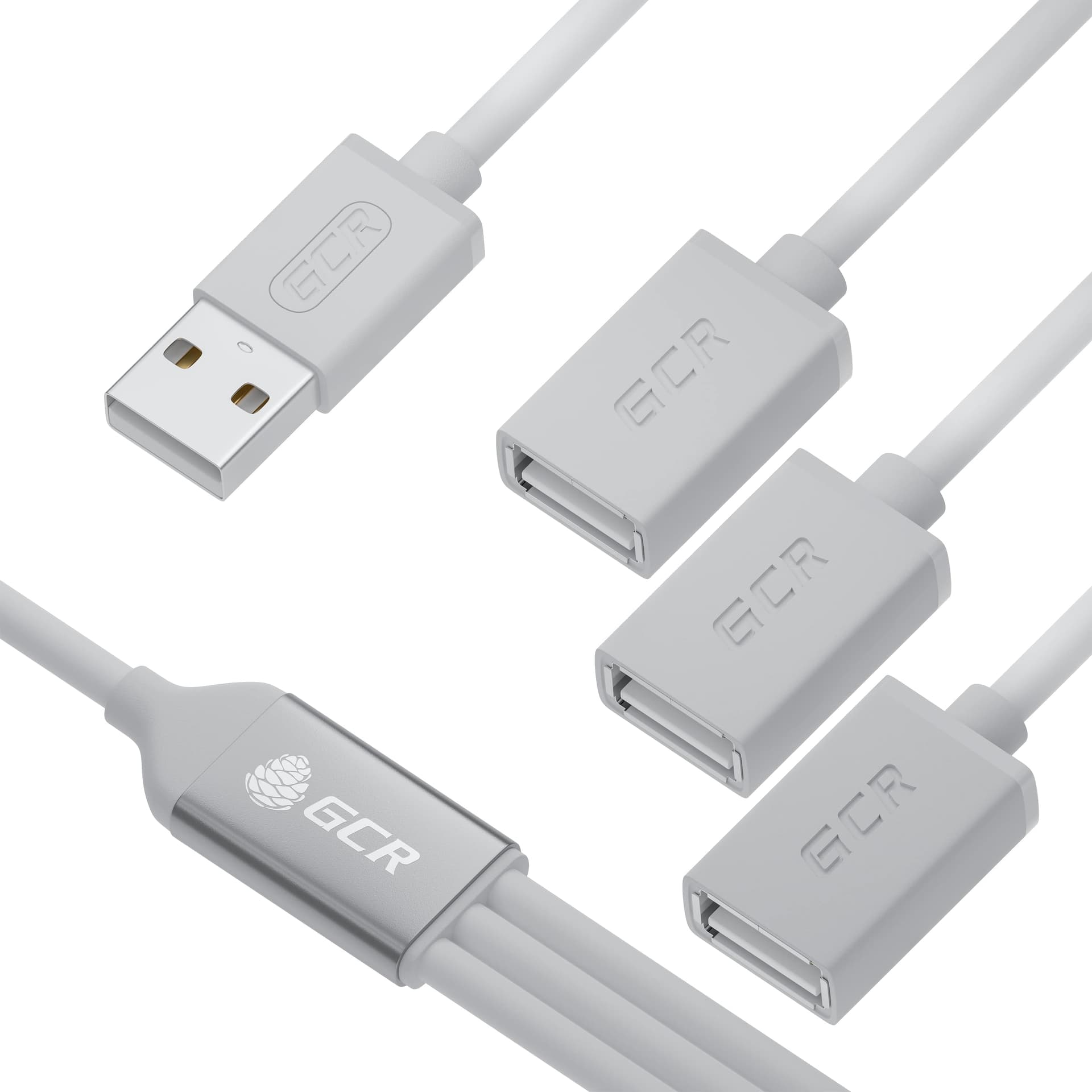 GCR USB Hub на 3 порта, 1.2m, гибкий, AM / 3 х AF, белый