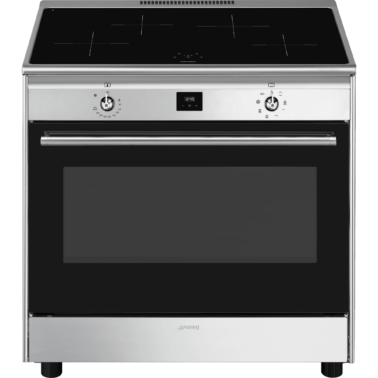 Варочный центр SMEG/ Отдельностоящий варочный центр SMEG, 90х60 см, поворотное/сенсорное управление, дисплей, индукционная варочная поверхность, 4 зоны нагрева, автоматическое определение посуды, электрическая духовка, объем 129 л, гриль, цвет нержавеющая сталь/матовая отделка