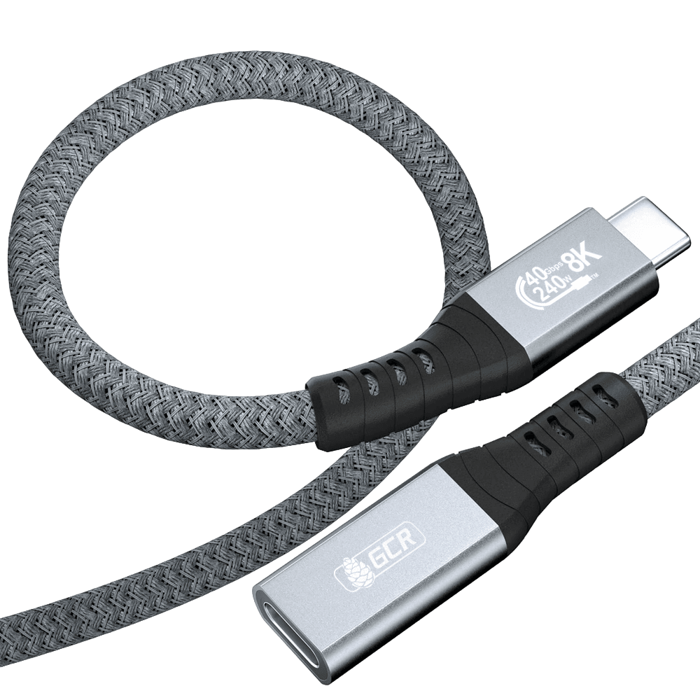 GCR PRO Удлинитель USB4 Type-C, 0.2m, 40Gbps, 240W, 8K60Hz, M/F, текстиль, серый, GCR-57135