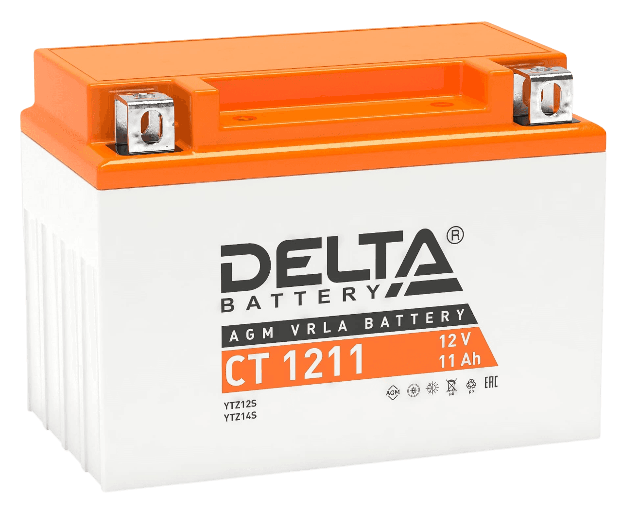 Аккумуляторная батарея для мото-техники/ DELTA серия  CT, CT 1211, напряжение 12В, емкость 11 Ач (разряд 10 часов 10.5 В), пусковой ток: 210А, полярность обратная ( - +),  тип AGM;Pb (свинцово-кислотный), клеммы: BN под болт,  ДxШxВ 151x86x112мм., вес  3,4кг