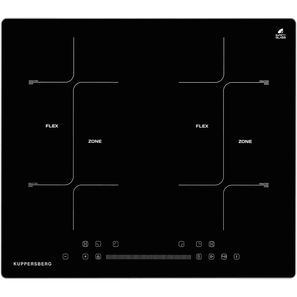 Встраиваемая варочная панель Kuppersberg/ Встраиваемая варочная панель Kuppersberg, High-Tech, индукция, 60 см, 4 конфорки, Flexi-zone, Booster, таймер, автоматическое отключение, пауза, слайдерное управление, 9 уровней мощности, индикация остаточного тепла, поддержание тепла, черный цвет