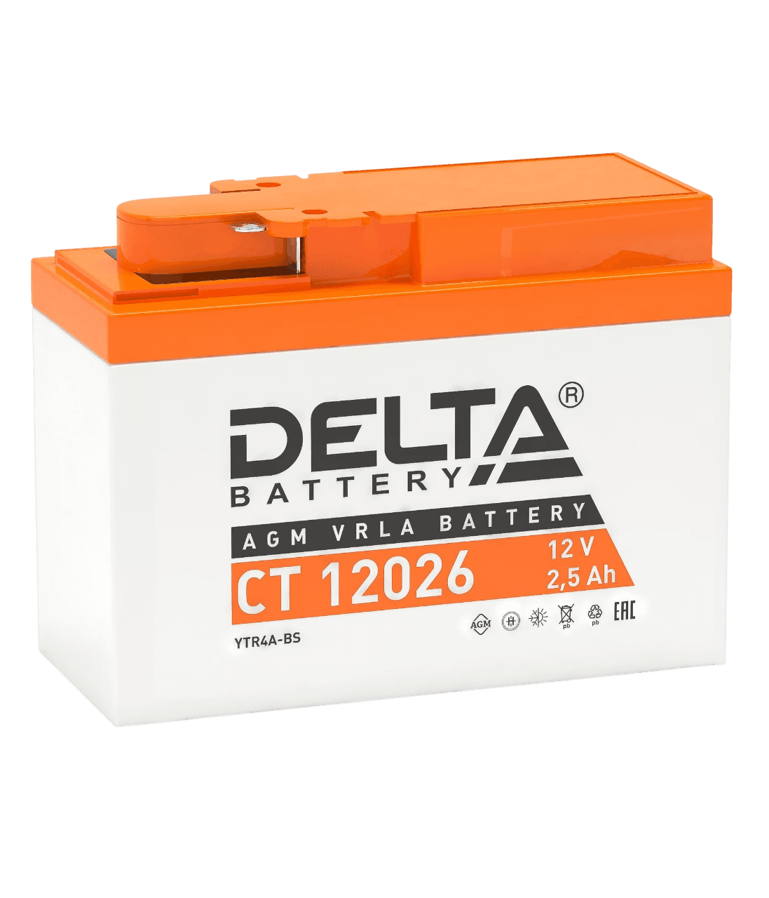 Аккумуляторная батарея для мото-техники/ DELTA серия  CT, CT 12026, напряжение 12В, емкость 2,5 Ач (разряд 10 часов 10.5 В), пусковой ток: 45А, полярность обратная ( - +),  тип AGM;Pb (свинцово-кислотный), клеммы: BN под болт,  ДxШxВ 115x50x86мм., вес  1кг