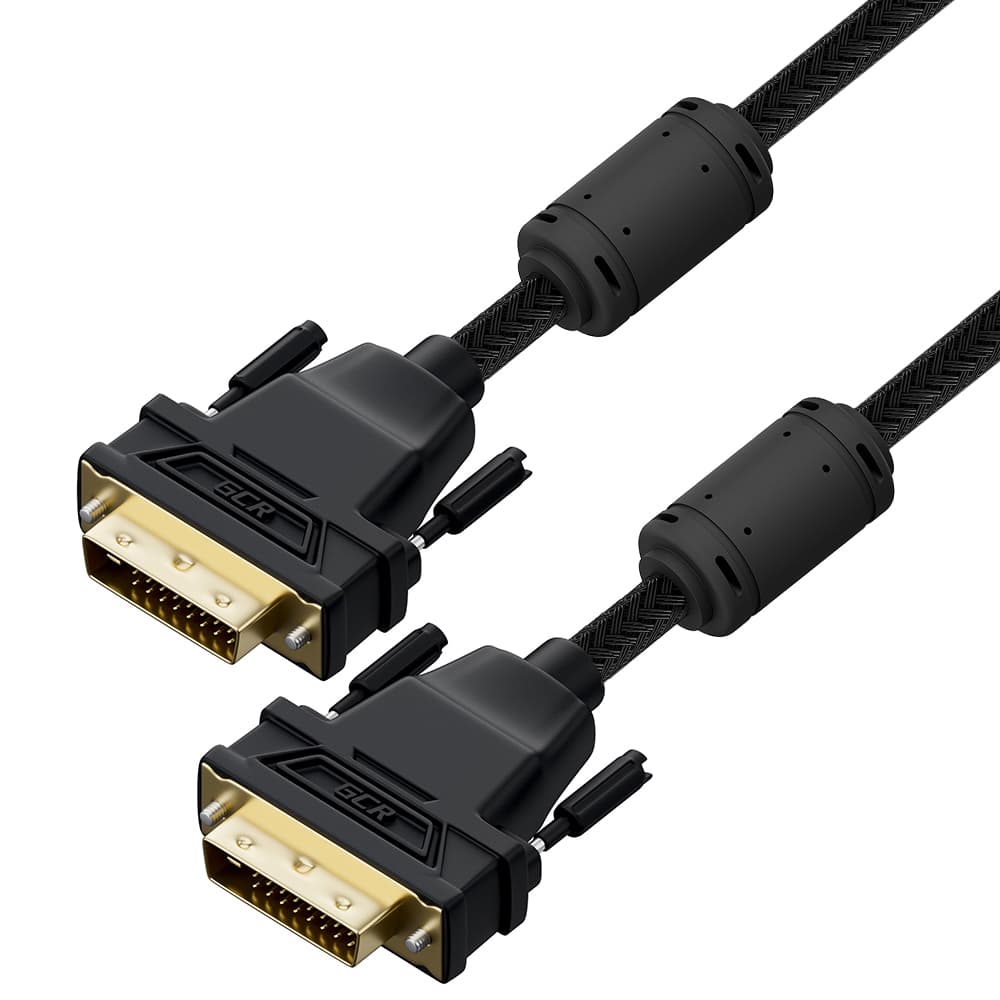 GCR PRO Кабель PROF 10.0m DVI-D, в оплетке нейлон, DVI/DVI, 25M/25M, GOLD, медь, черный, ферритовые кольца, 3Х экран с армированием