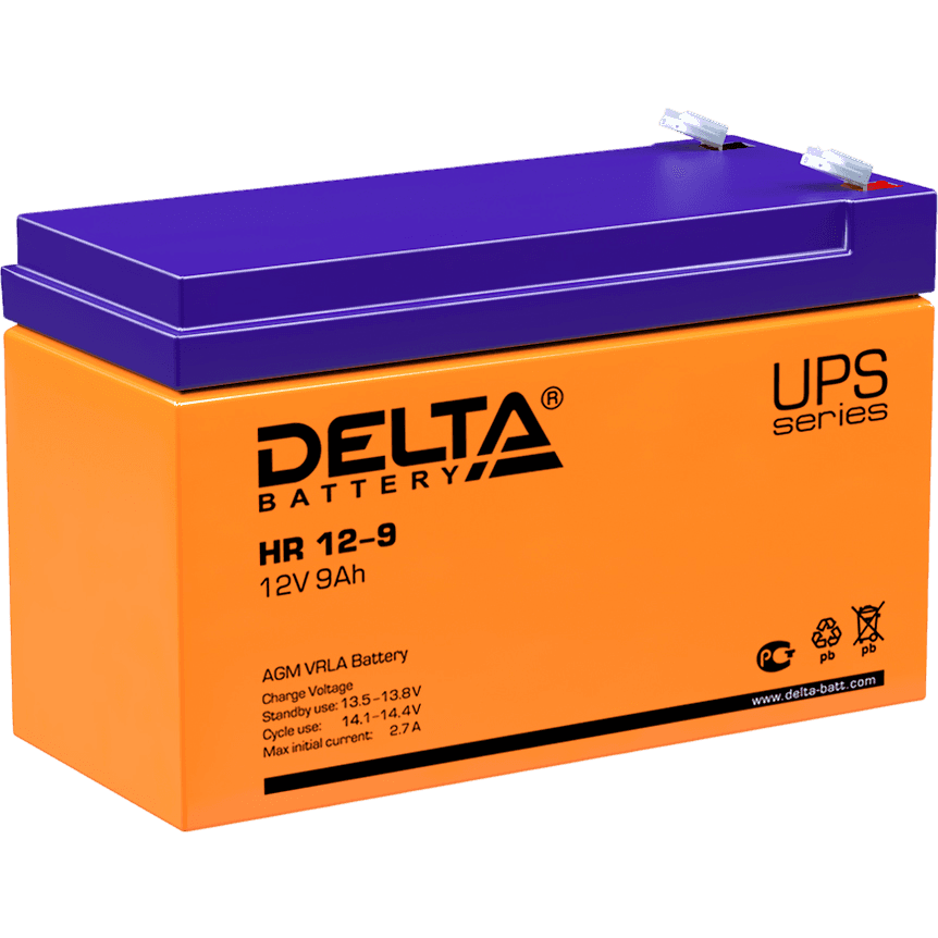 Батарея DELTA серия HR, HR 12-9, напряжение 12В, емкость 9Ач (разряд 20 часов), макс. ток разряда (5 сек.) 135А, макс. ток заряда 2.7А, свинцово-кислотная типа AGM, клеммы F2, ДxШxВ 151х65х94мм., вес 2.78кг., срок службы 8 лет./ Battery DELTA series HR, HR 12-9, voltage 12V, capacity 9Ah (discharge 20 hours), max. discharge current (5 sec.) 135A, max. charge current 2.7A, lead-acid type AGM, terminals F2, LxWxH 151x65x94mm., weight 2.78kg., service life 8 years.