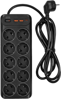 Сетевой фильтр-удлинитель/ PowerCom SP-10 USB2A1CB 1.8M, 10 розеток, черный, 16А, 4кВт, 204Дж, защитные шторки, защита от КЗ, перегрузки и импульсных помех, один порт USB-C(PD20W) и два USB-A(QC3.0) суммарной мощностью 15Вт, кабель 3x1 мм2, ШхГхВ 268х105х43 мм, вес 0.65 кг. - фото 1