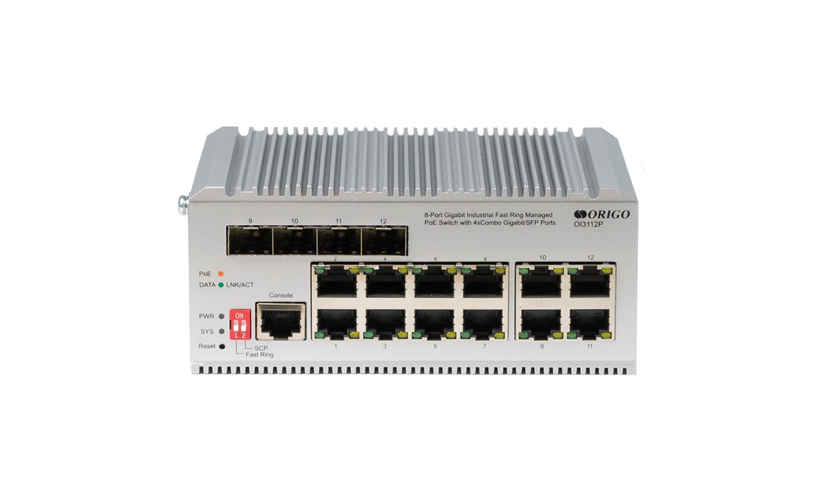 Коммутатор/ Managed L2 Industrial Fast Ring Switch 8x1000Base-T PoE, 4xCombo 1000Base-T/SFP, PoE Budget 185W, Surge 4KV, -40 to 75°C