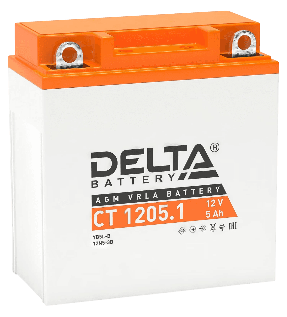 Аккумуляторная батарея для мото-техники/ DELTA серия  CT, CT 1205.1, напряжение 12В, емкость 5 Ач (разряд 10 часов 10.5 В), пусковой ток: 65А, полярность обратная ( - +),  тип AGM;Pb (свинцово-кислотный), клеммы: BN под болт,  ДxШxВ 120x61x129мм., вес  1,94кг