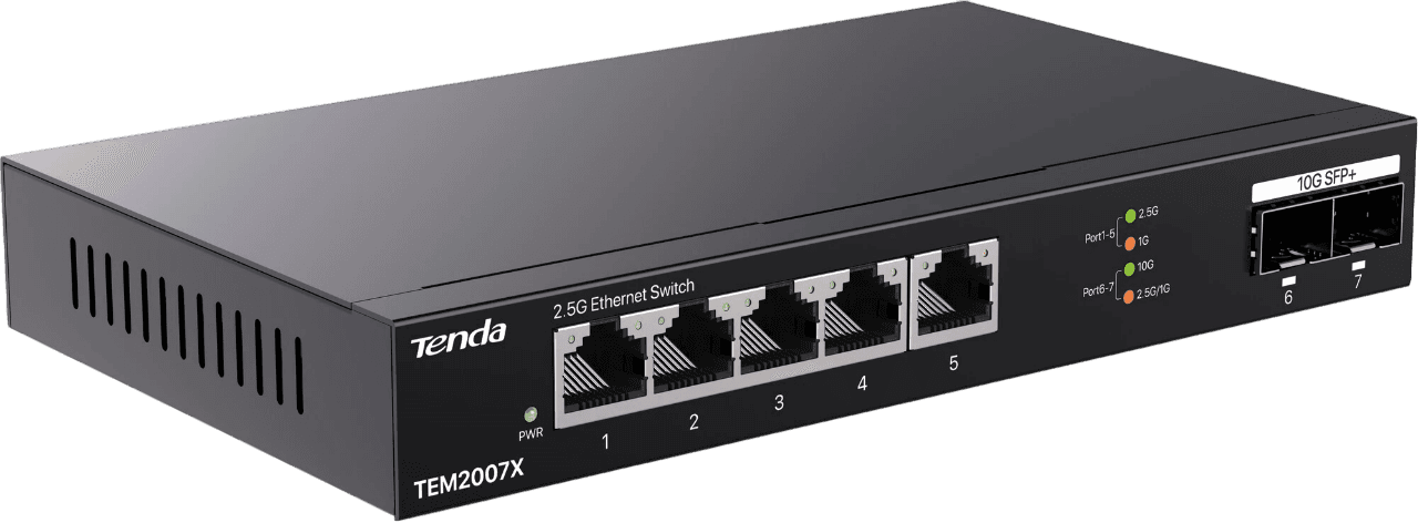 Коммутатор/ Tenda TEM2007X Коммутатор неуправляемый, 7 портов, RJ-45 5х2,5 Гбит/с, SFP+ 2х10 Гбит/с, настольный, металлический корпус