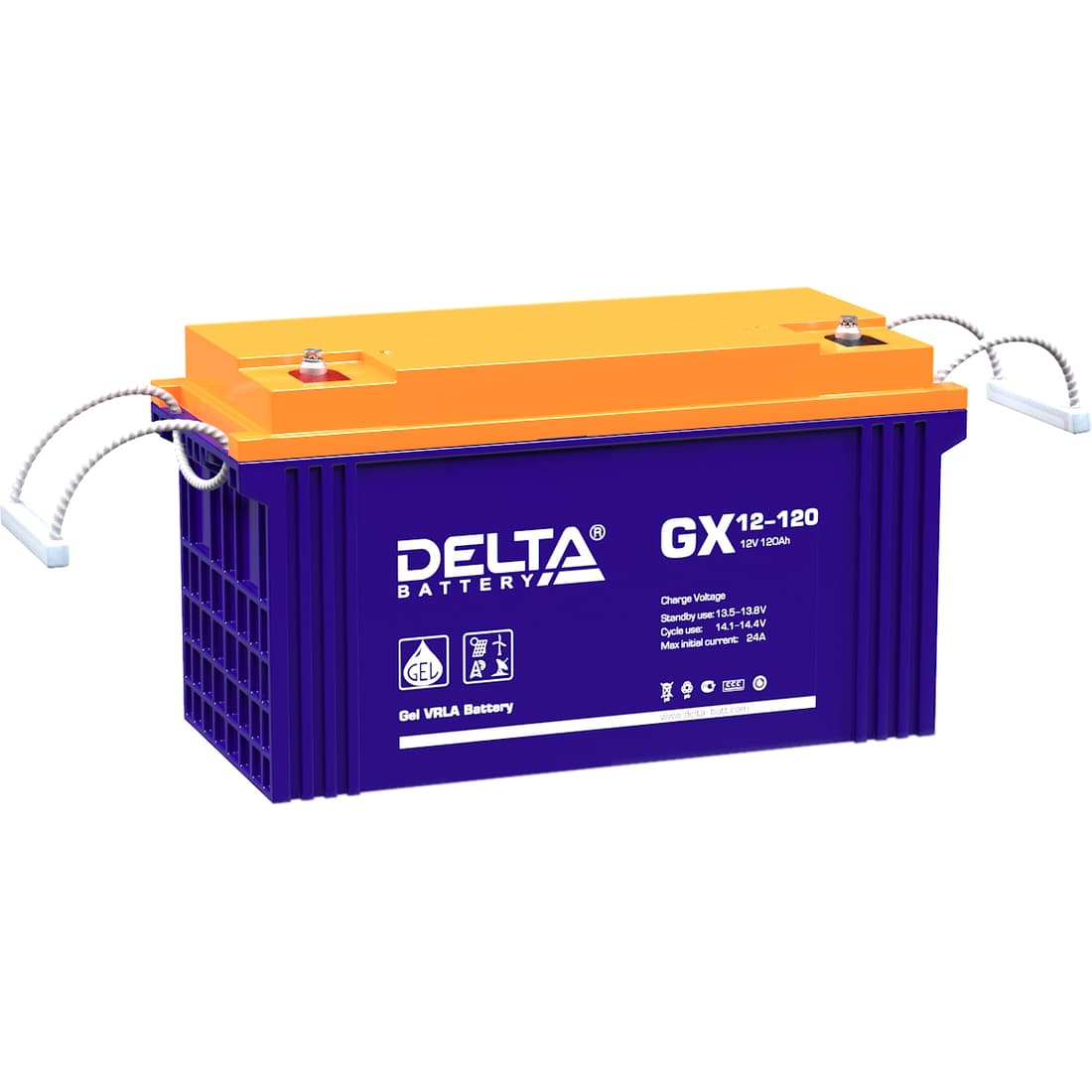 Батарея DELTA серия GX, GX 12-120, напряжение 12В, емкость 120Ач (разряд 10 часов),  макс. ток разряда (5 сек.) 950А, макс. ток заряда 24А, свинцово-кислотная типа GEL, клеммы под болт М8, ДxШxВ 410х176х224мм., вес 38кг., срок службы 15 лет./ Battery DELTA series GX, GX 12-120, voltage 12V, capacity 120Ah (discharge 10 hours), max. discharge current (5 sec.) 950A, max. charge current 24A, lead-acid GEL type, M8 bolt terminals, LxWxH 410x176x224mm, weight 38kg, service life 15 years.