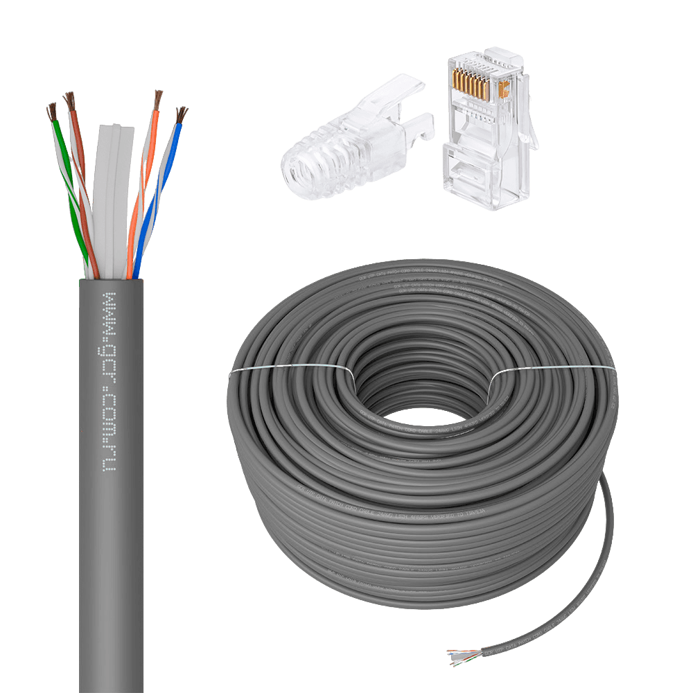 GCR PRO Кабель LAN DIY витая пара 50m в бухте, LSZH UTP кат.6А, CCA многопроволочный, серый + Коннектор RJ-45 8p8c сборный 20шт.