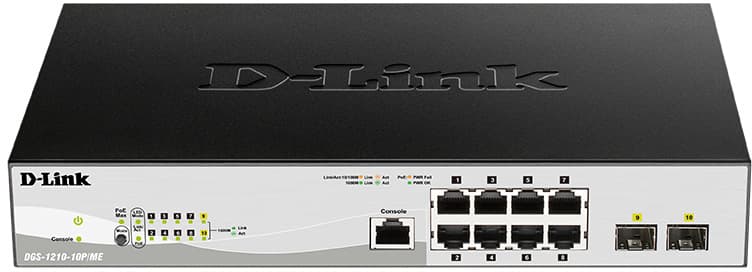 Коммутатор/ DGS-1210-10P/ME/B Managed L2 Metro Ethernet Switch 8x1000Base-T PoE, 2x1000Base-X SFP, PoE Budget 78W, Surge 6KV, CLI, RJ45 Console, Dying Gasp