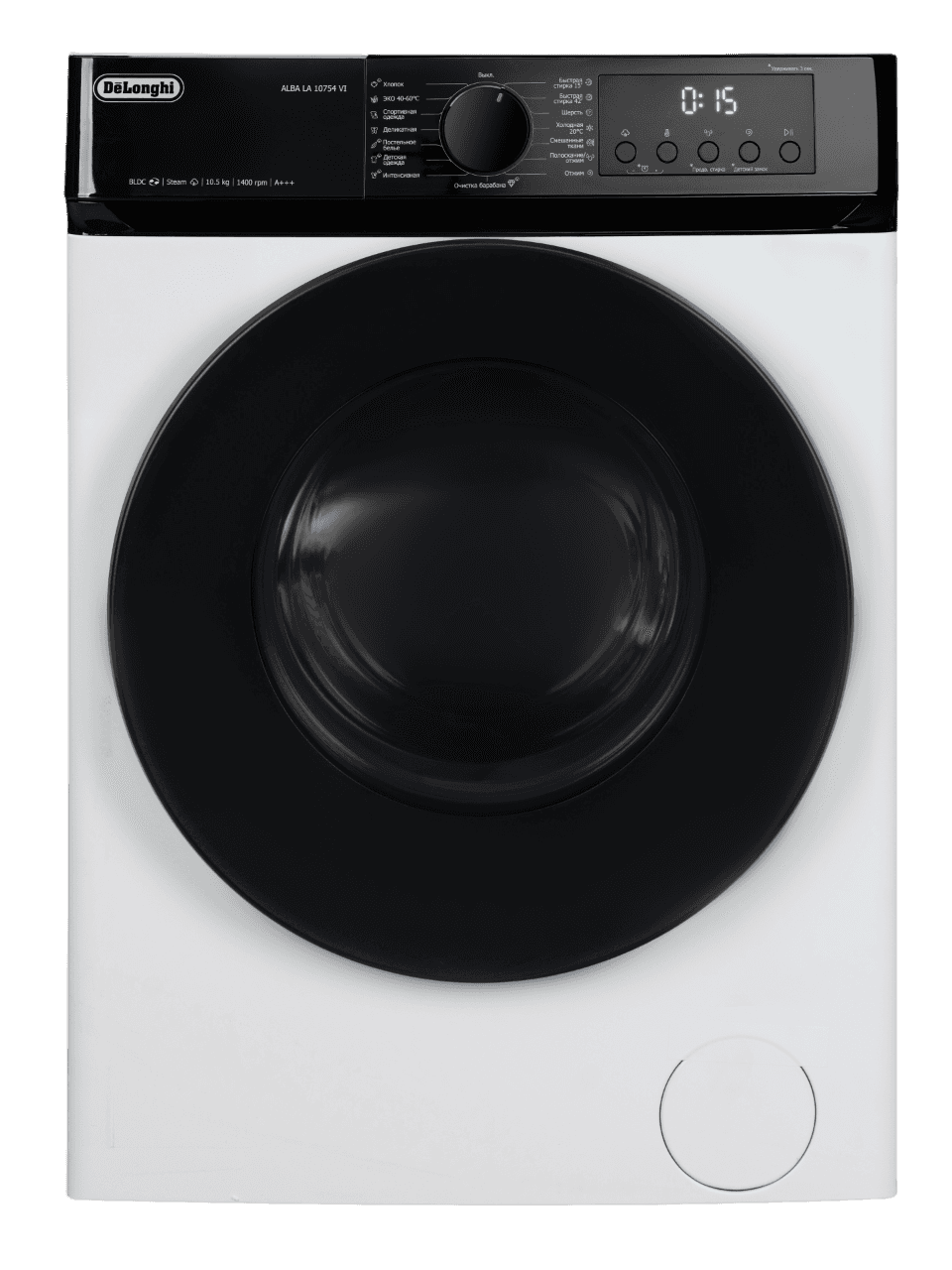 Стиральная машина Delonghi/ Стиральная машина Delonghi, глубина 60 см, 1400 об/мин, загрузка 10.5 кг, 15 программ, инверторный BLDC мотор, LED дисплей, электронное управление, отсрочка запуска, пар, дозагрузка белья, очистка барабана, энергоэффективность А+++, цвет белый