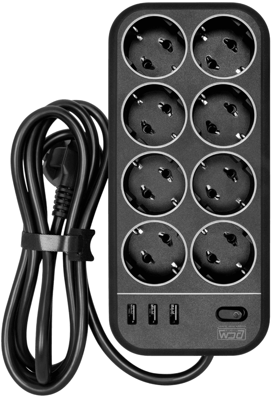 Фильтр-удлинитель PowerCom SP-08 USB03AB 3.0M, 8 розеток, черный, 16А, 4кВт, 175Дж, 3*USB, защитные шторки, защита от КЗ, перегрузки, ВЧ и импульсных помех, кабель 3x1 мм2, ШхГхВ 230х105х45 мм, вес 0.68 кг./ Surge protector PowerCom SP-08 USB03AB 3.0M, 8 sockets, black, 16A, 4kW, 175J, 3*USB, protective curtains, protection against short circuit, overload, HF and impulse noise, cable 3x1 mm2, WxDxH 230x105x45 mm, weight 0.68 kg.