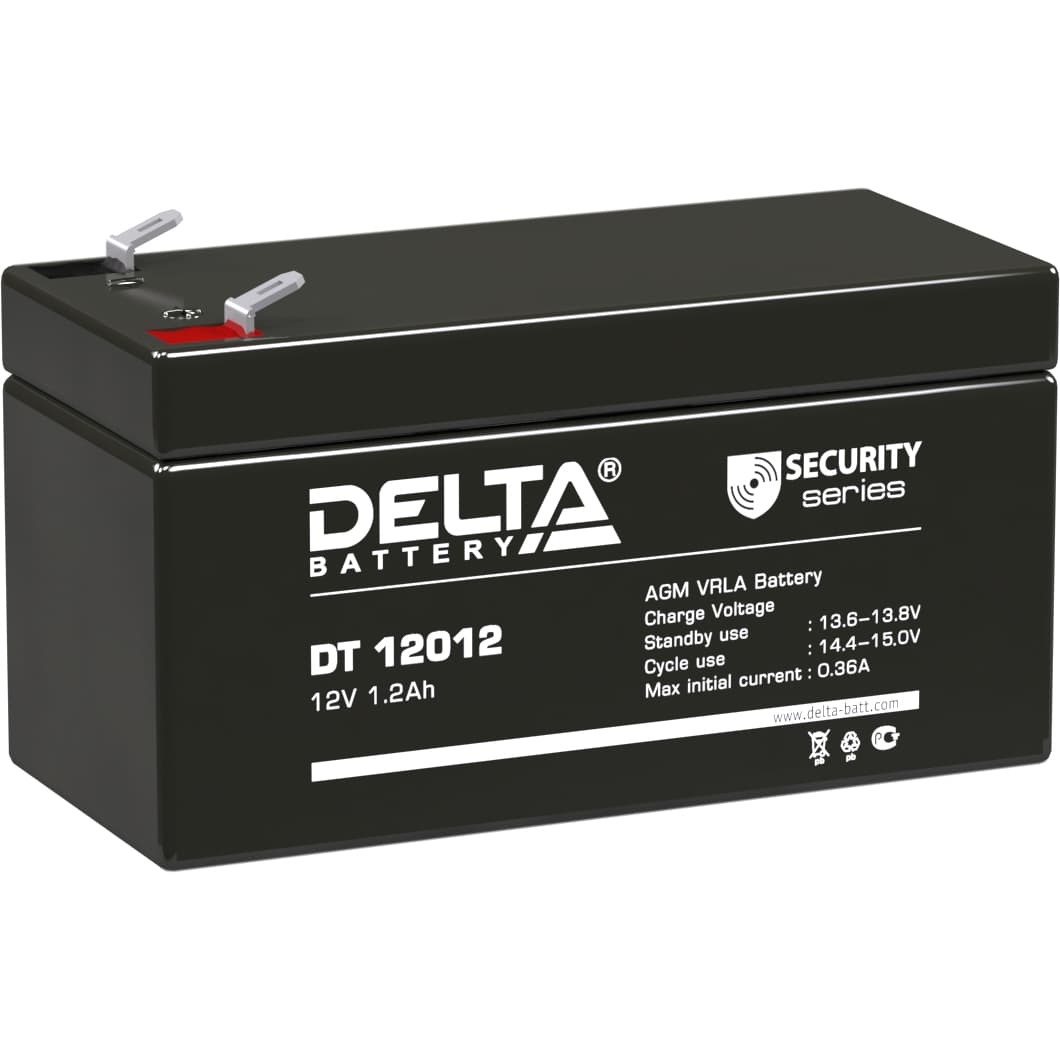 Батарея DELTA серия DT, DT 12012, напряжение 12В, емкость 1.2Ач (разряд 20 часов),  макс. ток разряда (5 сек.) 19.5А, макс. ток заряда 0.36А, свинцово-кислотная типа AGM, клеммы F1, ДxШxВ 97х45х52мм., вес 0.55кг., срок службы 5 лет./ Battery DELTA series DT, DT 12012, voltage 12V, capacity 1.2Ah (discharge 20 hours), max. discharge current (5 sec.) 19.5A, max. charge current 0.36A, lead-acid type AGM, terminals F1, LxWxH 97x45x52mm., weight 0.55kg., service life 5 years.