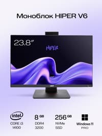 Моноблок/ HIPER V6 23.8"(1920x1080 (матовый) IPS)/Intel Core i3 14100(3.5Ghz)/8192Mb/256PCISSDGb/noDVD/BT/WiFi/war 1y/6.45kg/черный/Win11Pro + Cam 5.0 SD/Проводные МК/WiFi6 - фото 3