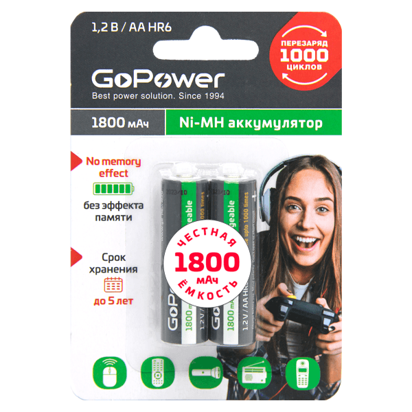Аккумулятор бытовой GoPower HR6 AA BL2 NI-MH 1800mAh (2/20/240) блистер (2 шт.)