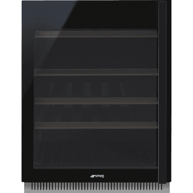 Винные шкафы SMEG/ Холодильный шкаф для вина встраиваемый, ВхШхГ 820х595х566 мм, петли слева, черное стекло.