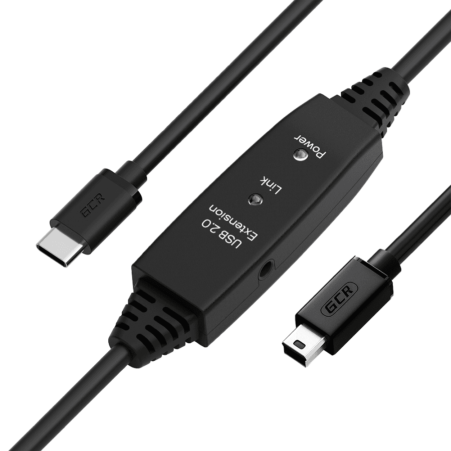 GCR PRO Кабель активный 5.0m TypeC / Mini 5P USB 2.0, медь, с усилителем сигнала, разъём для доп.питания, черный, 28/24 AWG