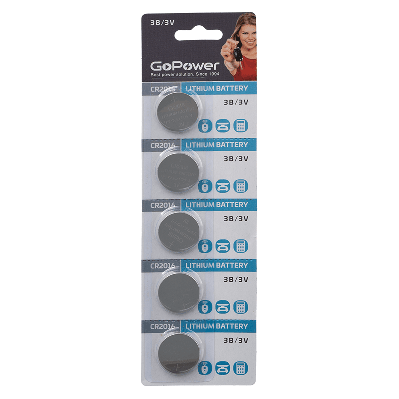 Батарейка CR2016/ Батарейка GoPower CR2016 BL5 Lithium 3V (5/100/2000) блистер (5 шт.)