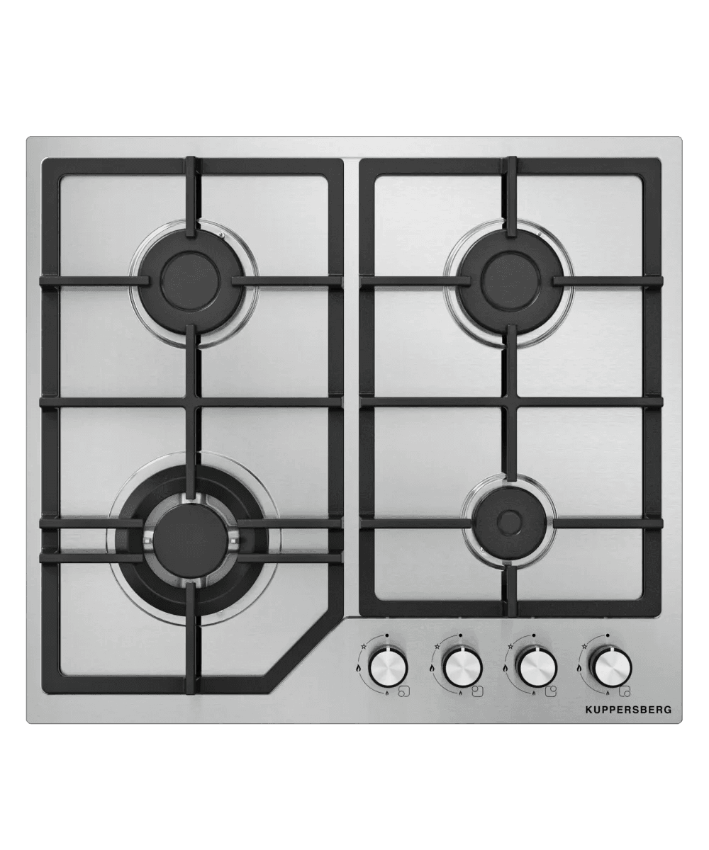 Варочная поверхность Kuppersberg/ KITCHEN RETAIL / Варочная поверхность Kuppersberg, газовая, High-Tech, 61 см, автоматический электроподжиг, газ-контроль, механическое управление, конфорки REMAY, цвет нержавеющая сталь, цвет фурнитуры черный/нержавеющая сталь