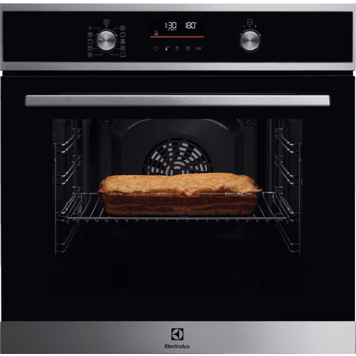 Встраиваемый духовой шкаф ELECTROLUX/ Электрический духовой шкаф с конвекцией, объем 65 л, утапливаемые переключатели, 9 режимов, автопрограммы, очистка пиролитическая, 3 стекла в дверце, направляющие проволочные + телескопические (1 уровень)