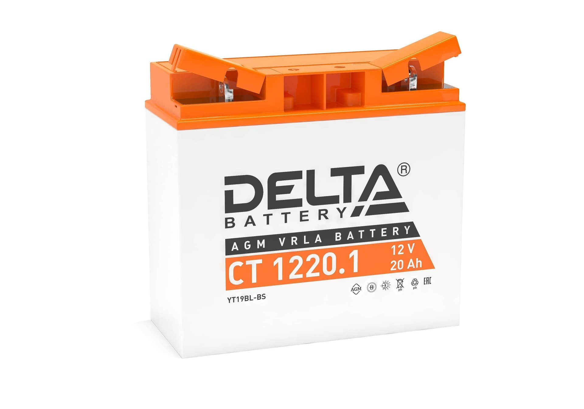 Стартерный мото аккумулятор Delta CT 1220.1 12В/20Ач, клемма Болт + гайка Ø 6 мм (181х77х167мм (172мм); 5,22кг; Срок слу