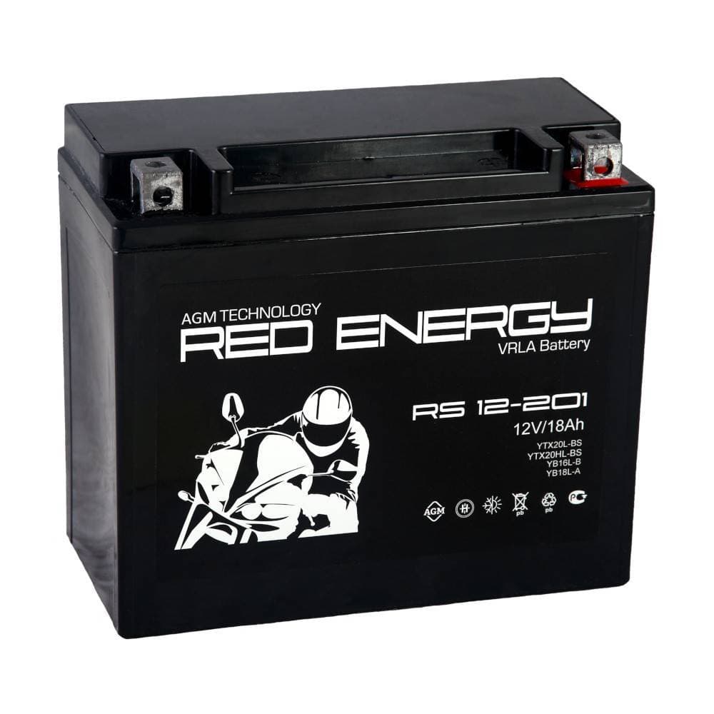 Стартерный мото аккумулятор (RED ENERGY) RS 12201 12В/18Ач, клемма Болт + гайка Ø 6 мм (177х88х154мм (159мм