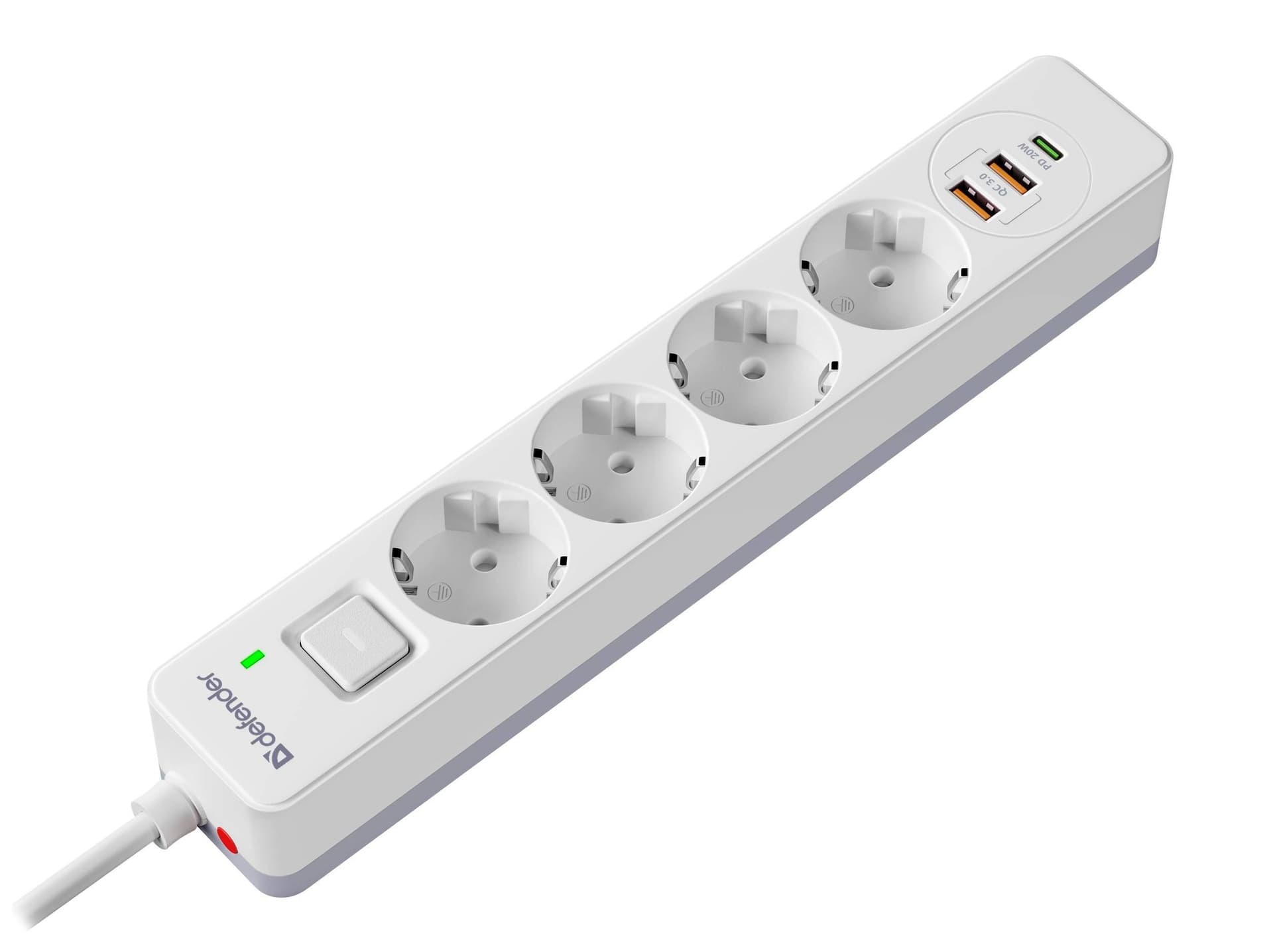 Defender Удлинитель с сетевым фильтром DFS 145, 4 розетки, USB+TypeC, 5 м, белый.