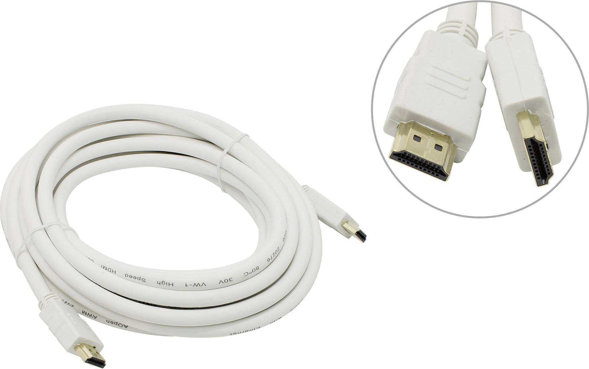 Кабель HDMI 19M/M 1.4V+3D/Ethernet AOpen/Qust <ACG511W-5M> 5m, белый, позолоченные контакты