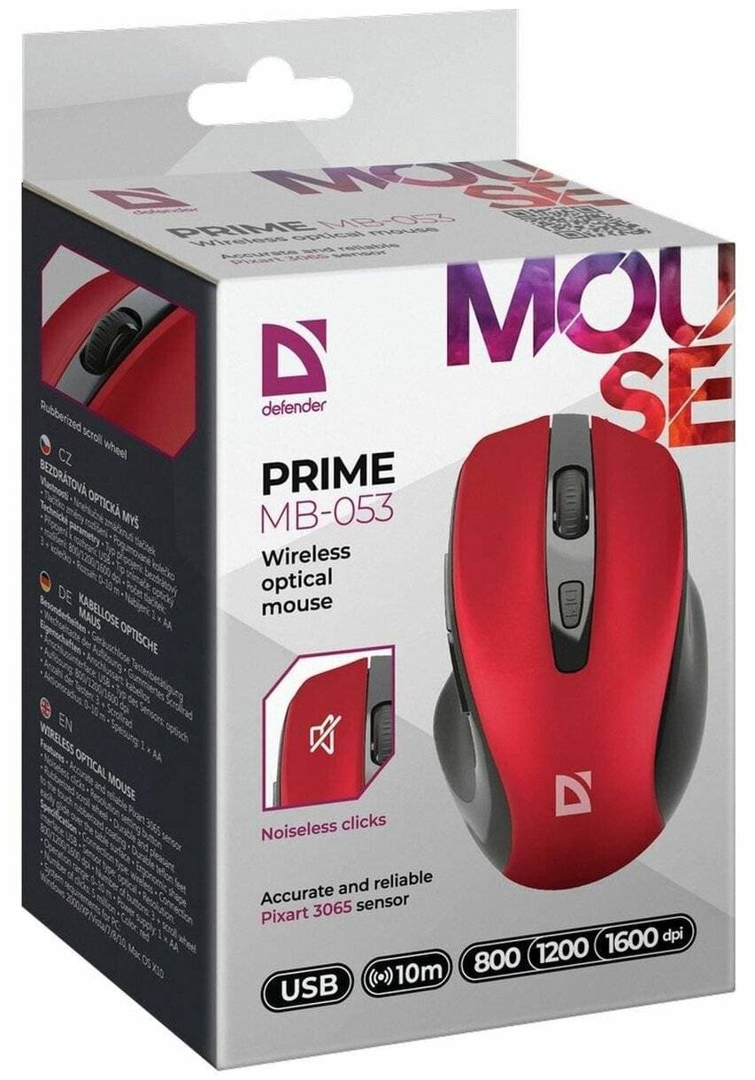 Defender Мышь беспроводная оптическая Prime MB-053, USB, 800/1200/1600 dpi, красный.