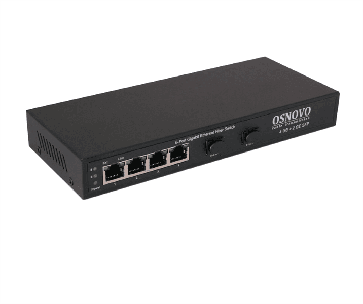 Коммутатор Gigabit Ethernet OSNOVO SW-7042 Коммутатор Gigabit Ethernet на 4 RJ45 + 2 SFP. Порты: 4 x GE (10/100/1000Base-T), 2 x GE SFP (1000Base-FX). В комплекте БП DC12V(1A). Встроенная грозозащита 3кВ. Возможно крепление на с