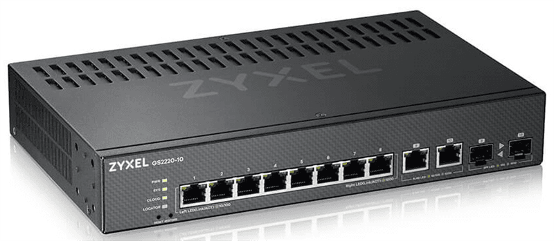 Коммутатор/ ZYXEL NebulaFlex Pro GS2220-10 Hybrid L2 Switch, rack 19 ", 8xGE, 2xCombo (SFP / RJ-45), silent, standalone / cloud management