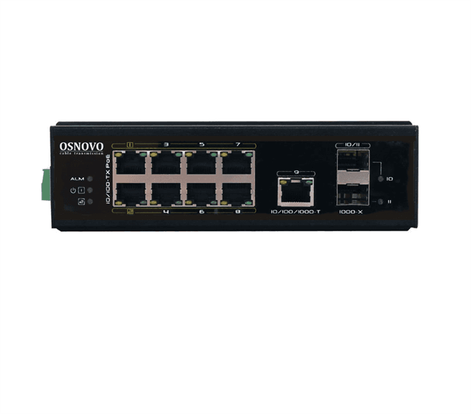 Промышленный PoE коммутатор Gigabit Ethernet OSNOVO SW-60812/I Промышленный PoE коммутатор на 11 портов. Порты: 6 x FE (10/100Base-T) с PoE (до 30W) + 2 x FE (10/100Base-T) с PoE (до 60W) + 1 x GE (10/100/1000Base-T) + 2 x GE SFP (1000Base-X). В