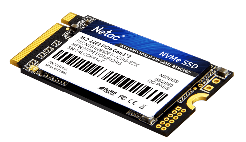 SSD накопитель Netac SSD N930ES 128GB PCIe 3 x2 M.2 2242 NVMe 3D NAND, R/W up to 970/635MB/s, IOPS(R4K) 100K/130K, TBW 75TB, 3y wty