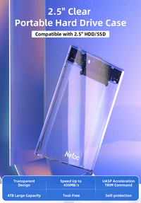 Внешний корпус для диска HDD/SSD Netac WH11 2.5 SATA to USB3.0 External HDD/SSD Case, Slide Transparent Cover, with USB3.0 C to C cable (незначительное повреждение коробки) - фото 3