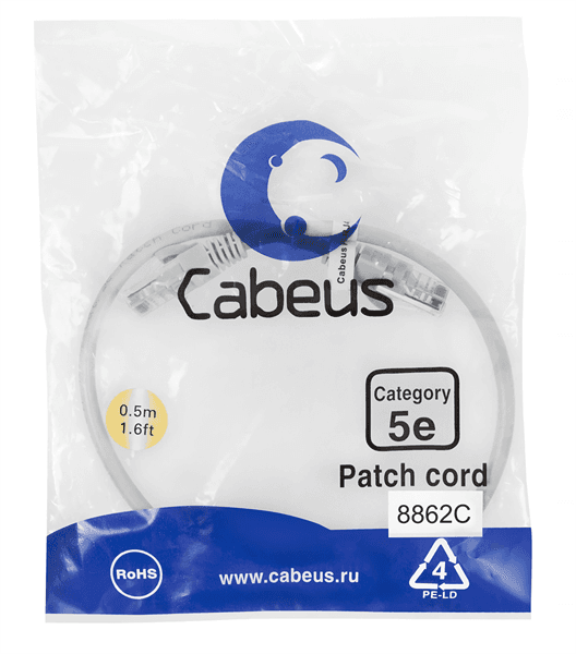 Патч-корд U/UTP, категория 5е, 2xRJ45/8p8c, серый, LSZH, 0.5м Cabeus PC-UTP-RJ45-Cat.5e-0.5m-LSZH Патч-корд U/UTP, категория 5е, 2xRJ45/8p8c, неэкранированный, серый, LSZH, 0.5м