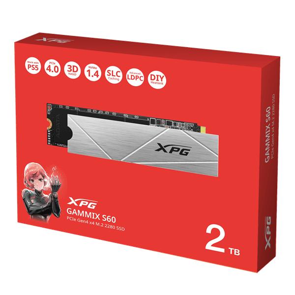 Твердотельный накопитель/ ADATA SSD GAMMIX S60 BLADE, 2048GB, M.2(22x80mm), NVMe, PCIe 4.0 x4, 3D NAND, R/W 5000/4200MB/s, IOPs -/-, TBW 450, DWPD 0.12, with HeatSink (5 лет)