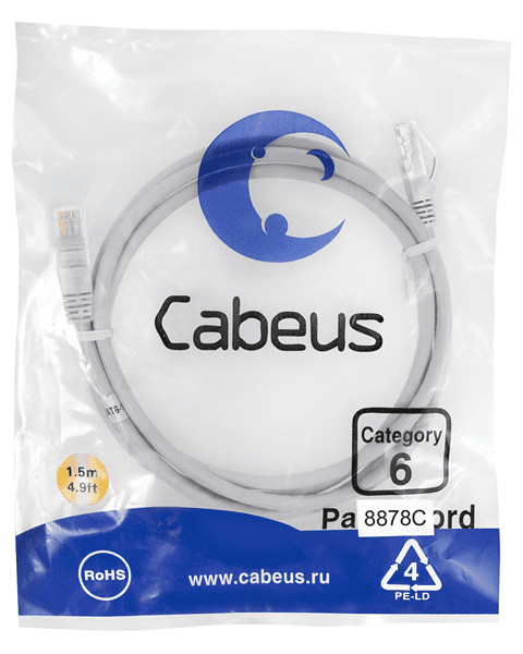 Патч-корд U/UTP, категория 6, 2xRJ45/8p8c, 1,5 м Cabeus PC-UTP-RJ45-Cat.6-1.5m-LSZH Патч-корд U/UTP, категория 6, 2xRJ45/8p8c, неэкранированный, серый, LSZH, 1.5м
