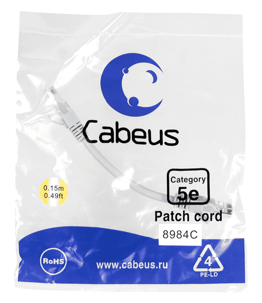 Патч-корд U/UTP, категория 5е, 2xRJ45/8p8c, серый, LSZH, 0.15м Cabeus PC-UTP-RJ45-Cat.5e-0.15m-LSZH Патч-корд U/UTP, категория 5е, 2xRJ45/8p8c, неэкранированный, серый, LSZH, 0.15м