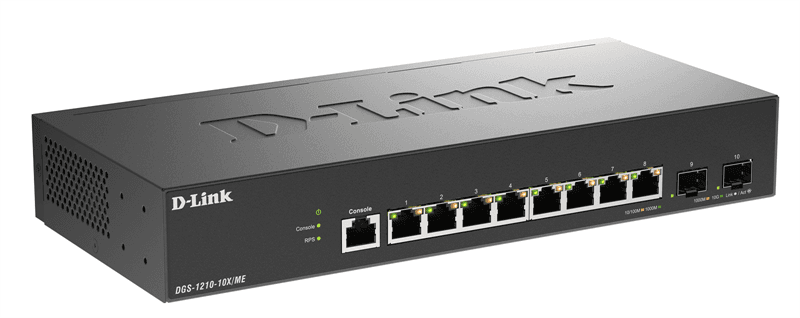 Коммутатор D-Link Управляемый L2 коммутатор, 8x1000Base-T, 2x10GBase-X SFP+, защита от статического электричества до 6 кВ, CLI, консольный порт RJ-45, RPS, поддержка Dying Gasp