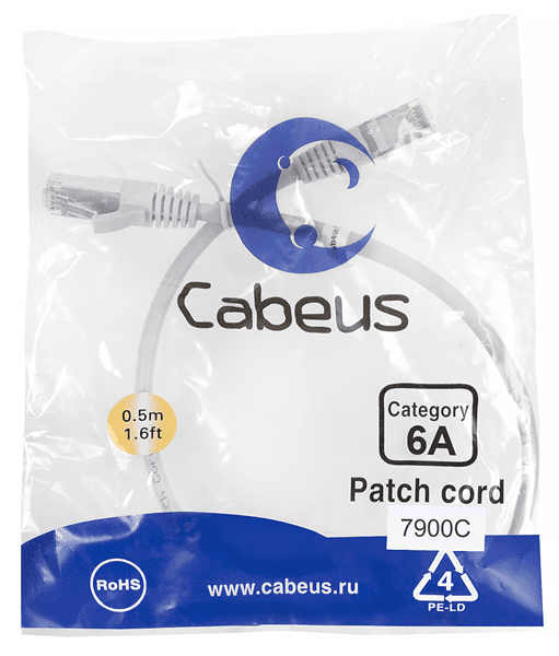 Патч-корд S/FTP, категория 6а (10G), 2xRJ45/8p8c, серый, LSZH, 0.5м Cabeus PC-SSTP-RJ45-Cat.6a-0.5m-LSZH Патч-корд S/FTP, категория 6а (10G), 2xRJ45/8p8c, экранированный, серый, LSZH, 0.5м