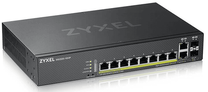 Коммутатор/ ZYXEL NebulaFlex Pro GS2220-10HP Hybrid L2 PoE+ Switch, 19 "rack, 8xGE PoE+, 2xCombo (SFP / RJ-45), 180W PoE Budget, Standalone / Cloud Management