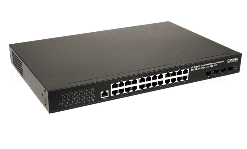 PoE Коммутатор OSNOVO SW-24G4X-1L Управляемый L3 PoE коммутатор на 24xGE RJ-45 c PoE + 4х10G SFP+ порта. Порты: 2 x GE (10/100/1000 Base-T) с PoE (до 90W, A+B) + 22 x GE (10/100/1000 Base-T) с PoE (до 30W), 4 x 1G/