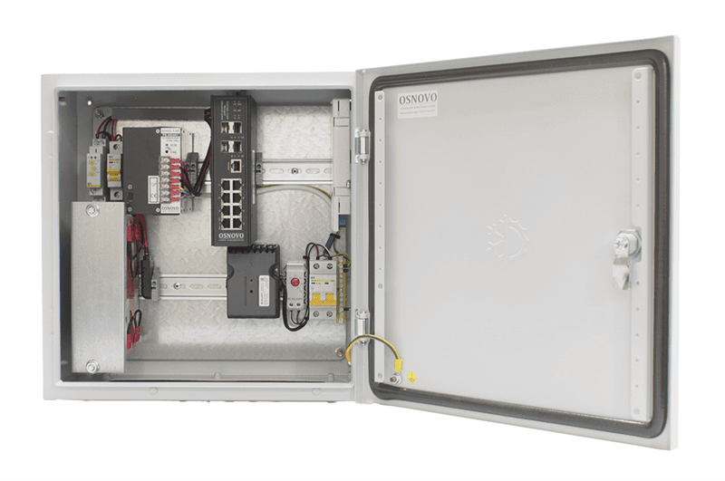 Уличный управляемый коммутатор OSNOVO OS-44TB1(SW-80804/ILS(port 90W)) Уличный управляемый (L2+) коммутатор на 12 портов с термостабилизацией, резервным питанием и функцией мониторинга температуры/влажности/напряжения на базе уличн