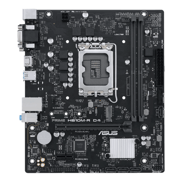 Материнская плата ASUS PRIME H610M-R D4-SI, LGA1700, H610, 2*DDR4, 4*SATA, 1*M.2, 4*USB 3.2, 1*PCIx16, 1*PCIx1, VGA+HDMI+DVI-D, mATX; 90MB1B40-M0ECY0