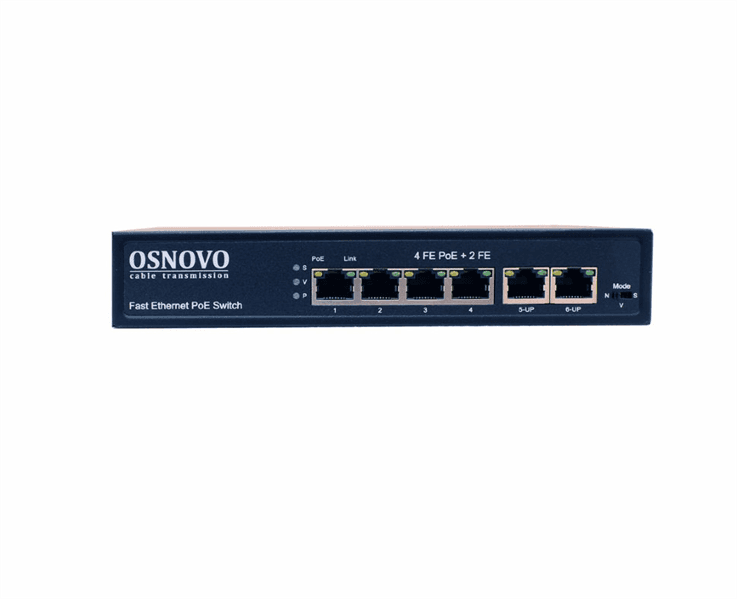 PoE Коммутатор OSNOVO SW-20600(80W) PoE коммутатор Fast Ethernet на 6 RJ45 портов. Порты: 1 x FE (10/100Base-T) с PoE (до 60W, A+B) + 3 x FE (10/100Base-T) с PoE (до 30W), 2 x FE (10/100 Base-T) Uplink. Соответствуе