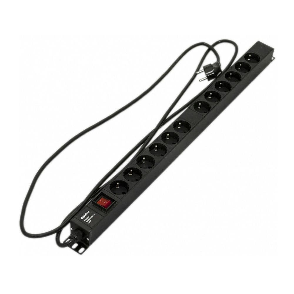 Сетевой фильтр Hyperline Hyperline SHE-12SH-S-2.5EU Блок розеток, вертикальный, 12 розеток Schuko, выключатель с подсветкой, кабель питания 2.5м (3х1.5мм2) с вилкой Schuko 16A, 250В, 730x44.4x44.4 мм (ДхШхВ), корпус алюминий, черный