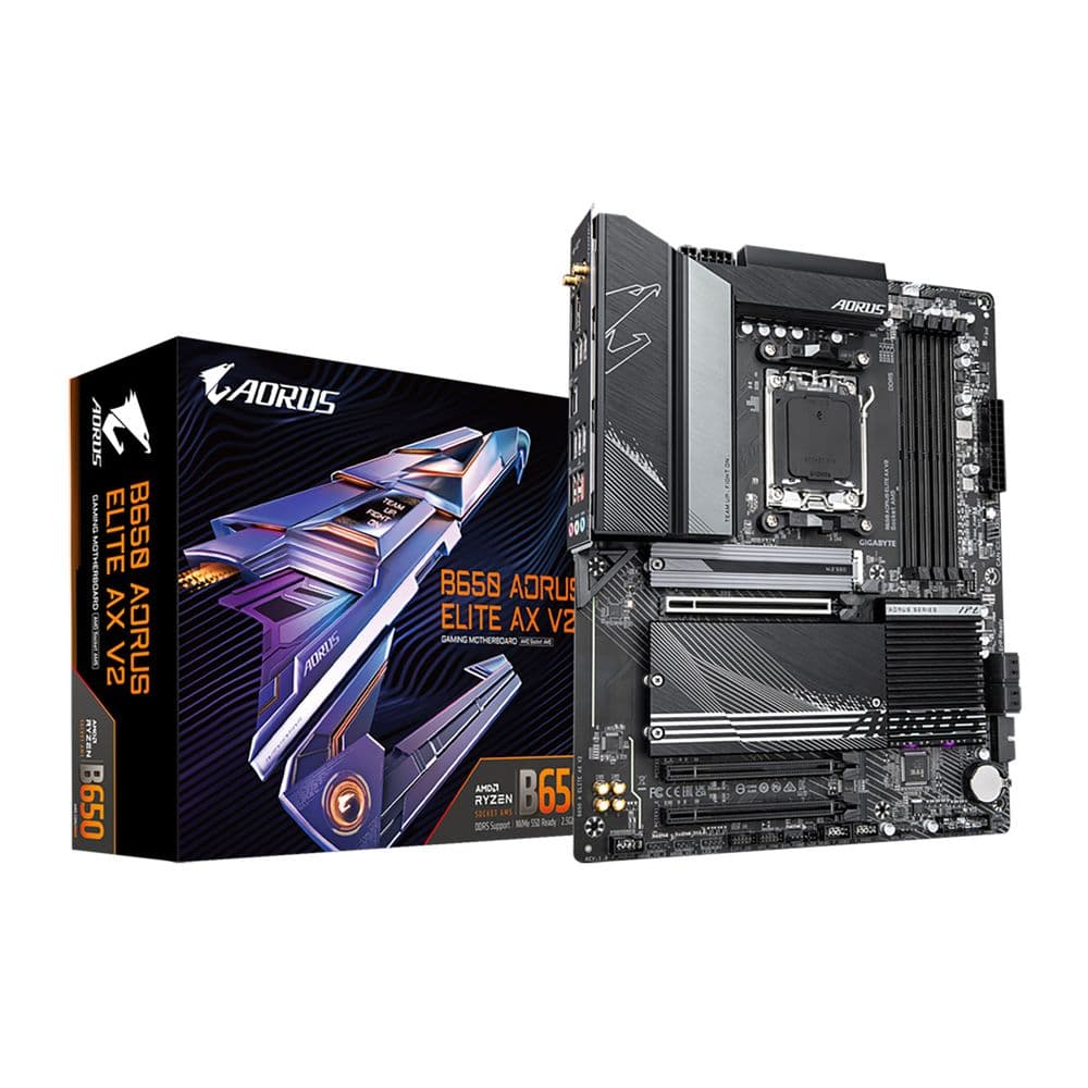 Материнская плата Gigabyte Bad Pack B650 AORUS ELITE AX V2, Socket AM5, AMD B650, 4xDDR5-5200, HDMI+DP, 3xPCI-Ex16, 4xSATA3(RAID 0/1/10), 3xM.2, 8 Ch Audio, 2.5GLan, WiFi, (4+4)xUSB2.0, (7+2)xUSB3.2, (1+1)xUSB3.2 Type-C™, ATX, RTL bp
