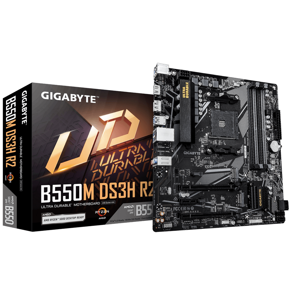Материнская плата Gigabyte Bad Pack B550M DS3H R2, Socket AM4, AMD B550, 4xDDR4-3200, HDMI+DP, 2xPCI-Ex16, 1xPCI-Ex1, 4xSATA3(RAID 0/1/10), 1xM.2, 8 Ch Audio, GLan, (2+4)xUSB2.0, (4+2)xUSB3.2, (0+1)xUSB3.2 Type-C™, 1xPS/2, mATX, RTL bp